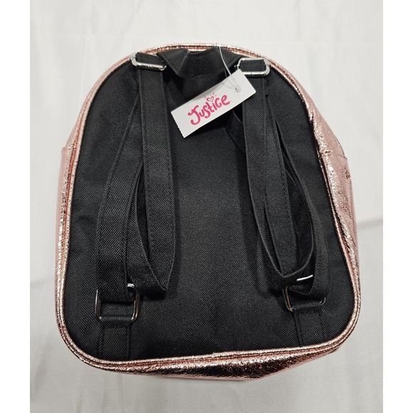 NWT JUSTICE Metallic Pink Mini Backpack with Black Pompom - Picture 2 of 3